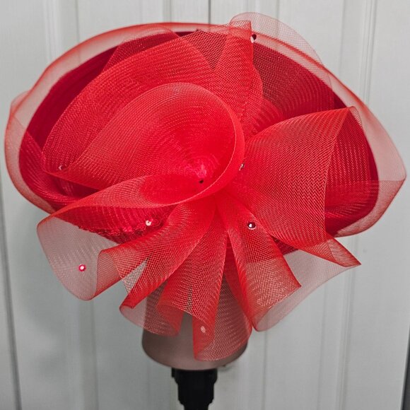 Mr Hi's Vintage Red Church Hat Wool Derby Beads Sequin Tulle Bow Formal USA - Picture 6 of 10